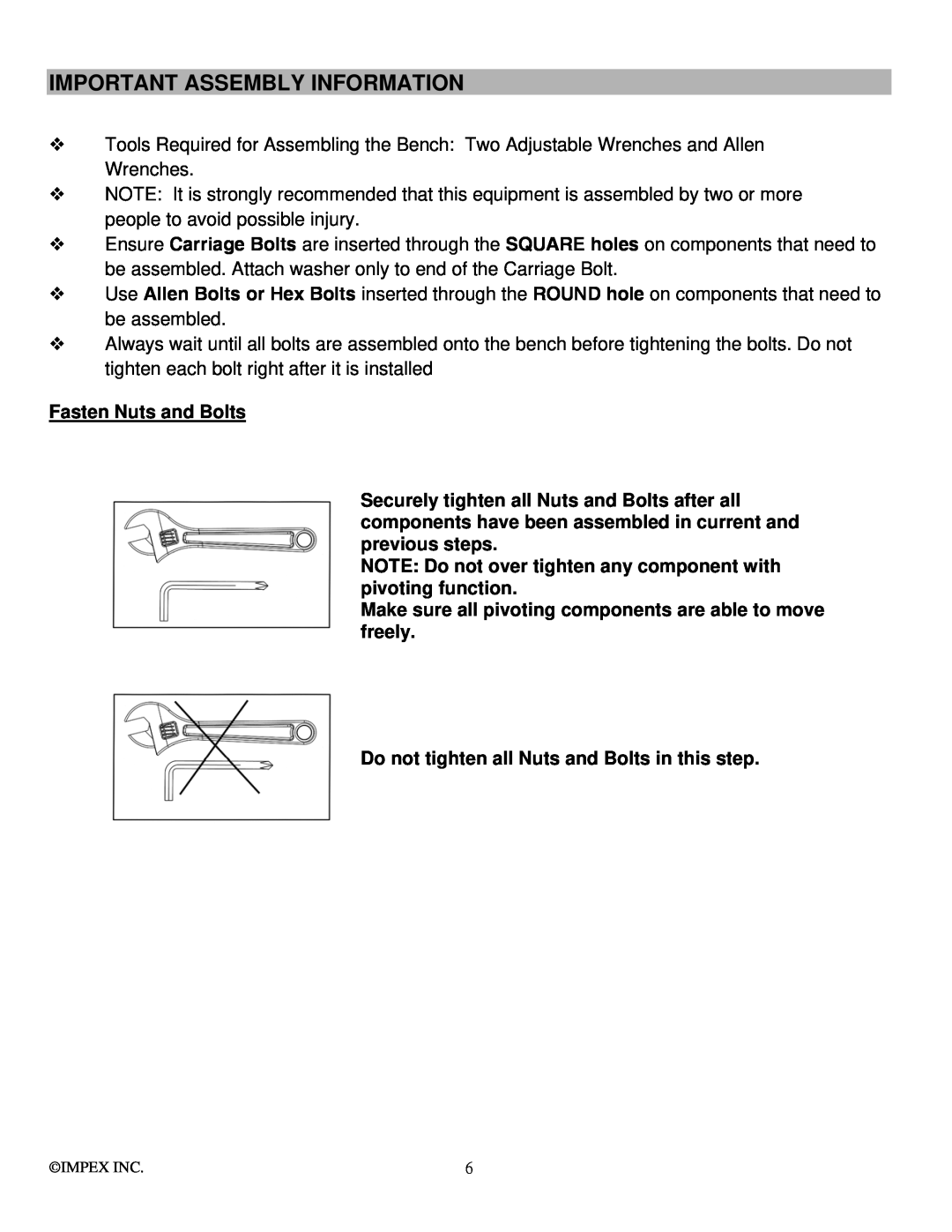 Impex SAG-44.0 manual Important Assembly Information 
