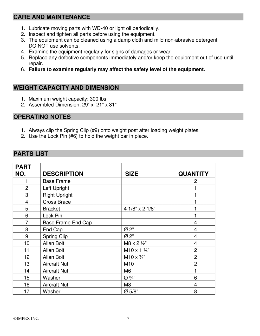 Impex SAG-44.1 Care and Maintenance, Weight Capacity and Dimension, Operating Notes, Parts List Size Quantity Description 