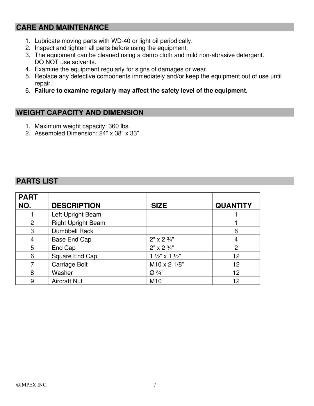 Impex SAG-51 manual Care and Maintenance, Weight Capacity and Dimension, Parts List Size Quantity Description 