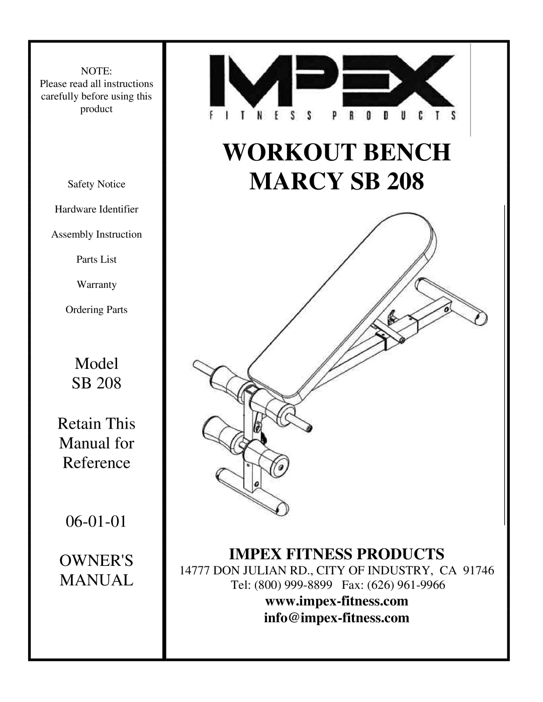 Impex SB 208 manual Workout Bench Marcy SB 