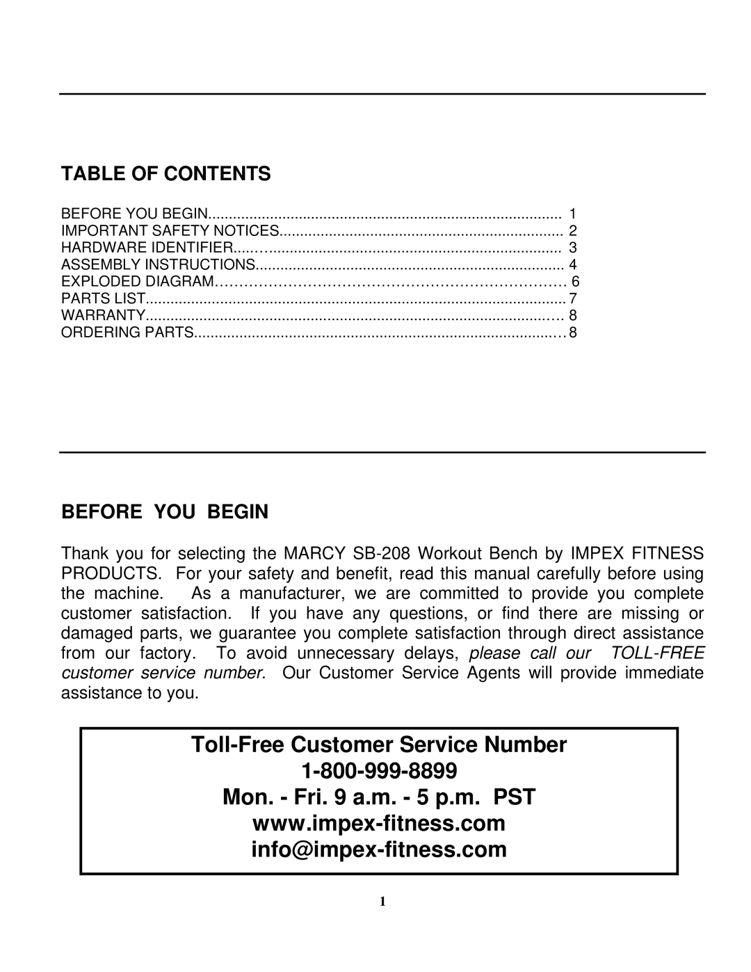 Impex SB 208 manual Table of Contents, Before YOU Begin 