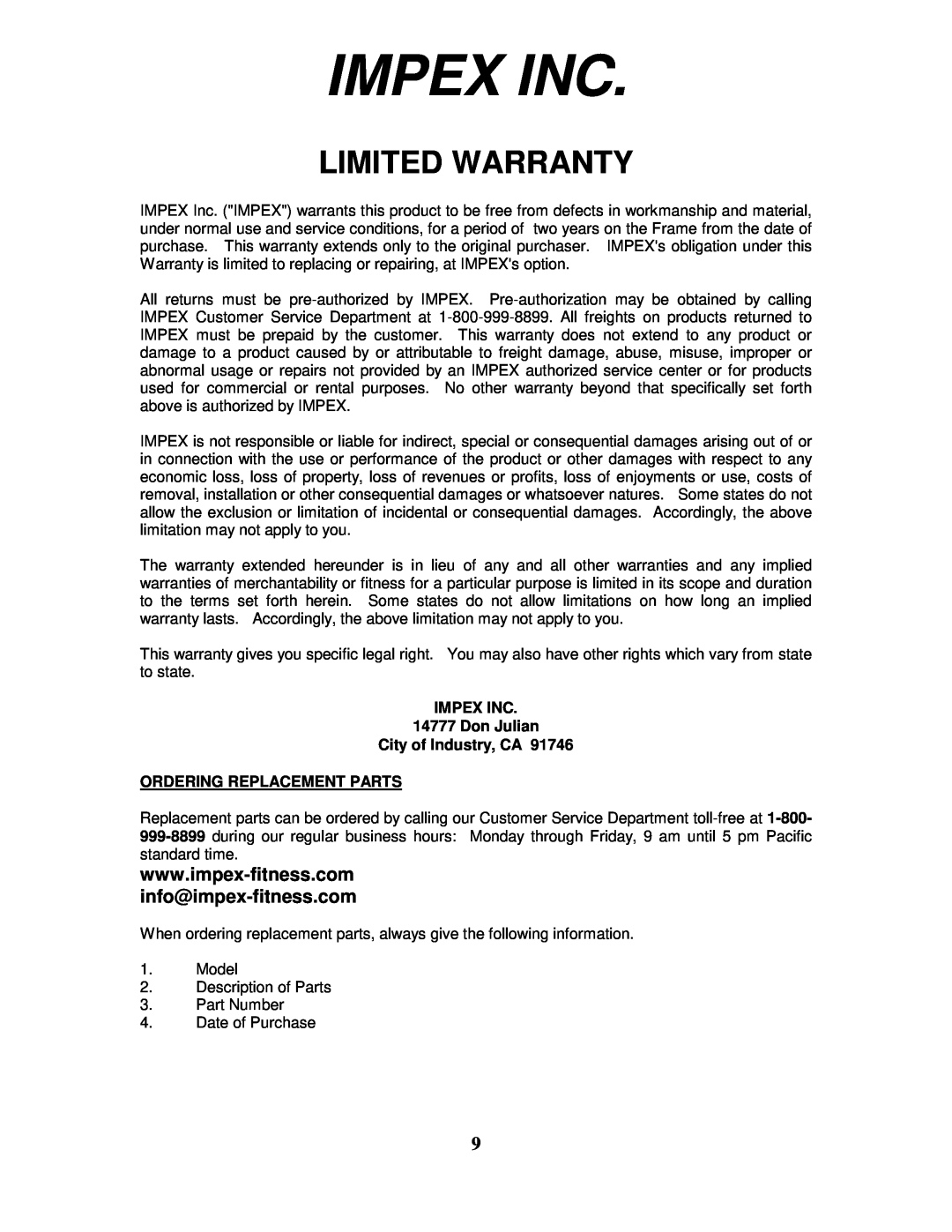 Impex SB 210 Impex Inc, Limited Warranty, IMPEX INC 14777 Don Julian City of Industry, CA, Ordering Replacement Parts 