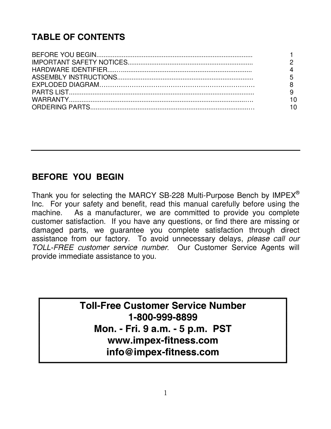 Impex SB-228 manual Table of Contents, Before YOU Begin 