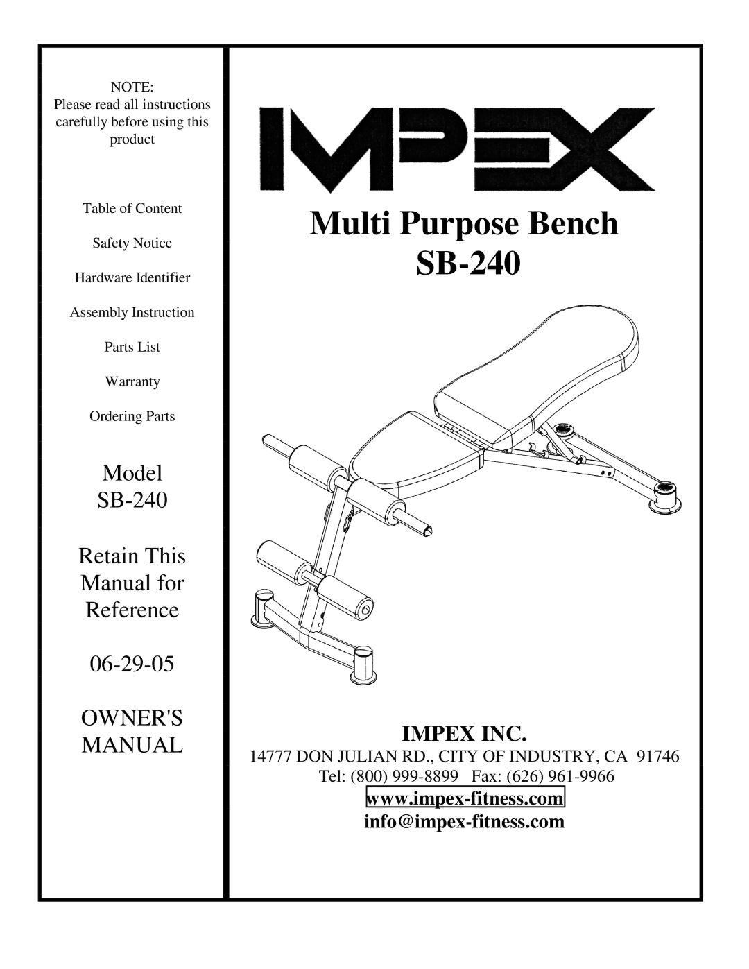 Impex SB-240 manual Multi Purpose Bench 