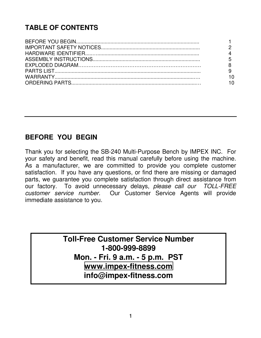 Impex SB-240 manual Table of Contents, Before YOU Begin 