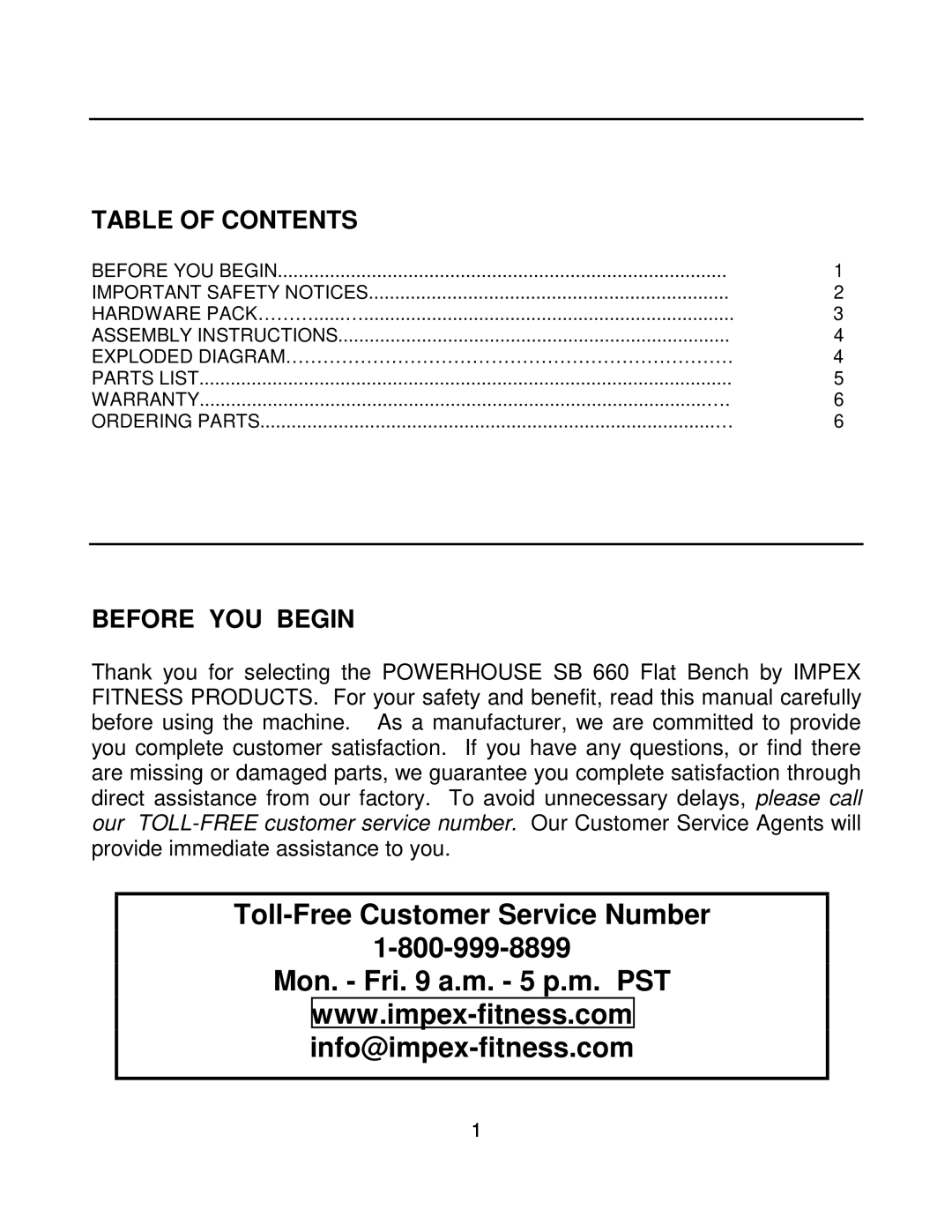 Impex SB 660 manual Toll-Free Customer Service Number Mon. Fri a.m. 5 p.m. PST, Table of Contents, Before YOU Begin 