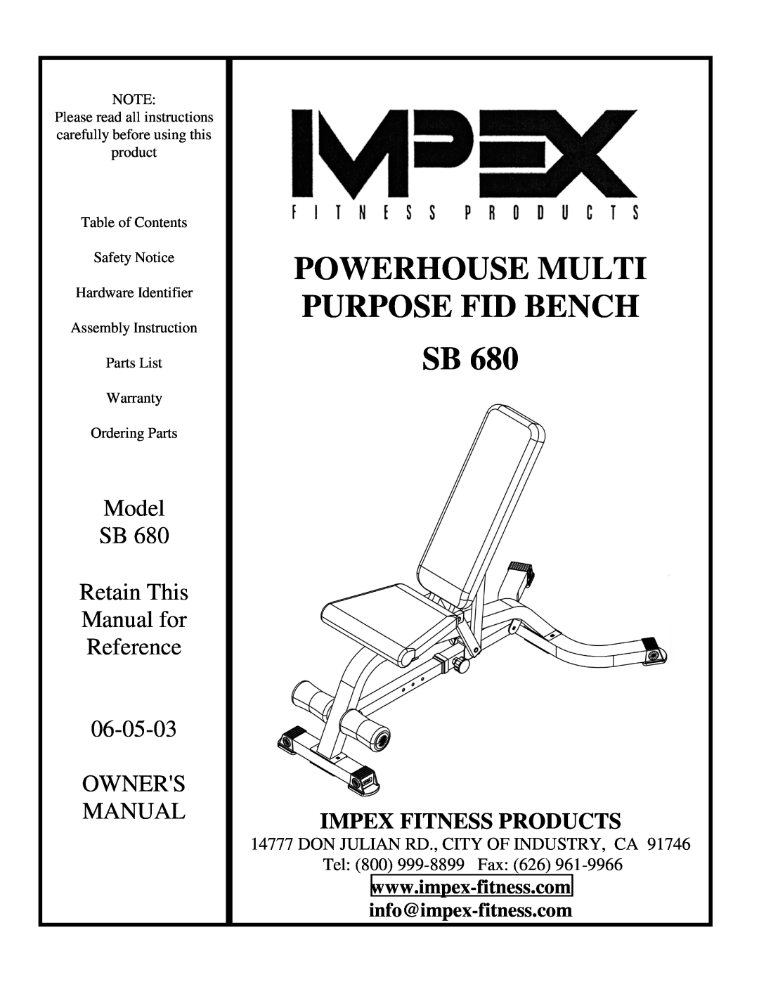 Impex SB 680 manual info@impex-fitness.com, Powerhouse Multi, Purpose Fid Bench, Model, Retain This, Manual for, Reference 
