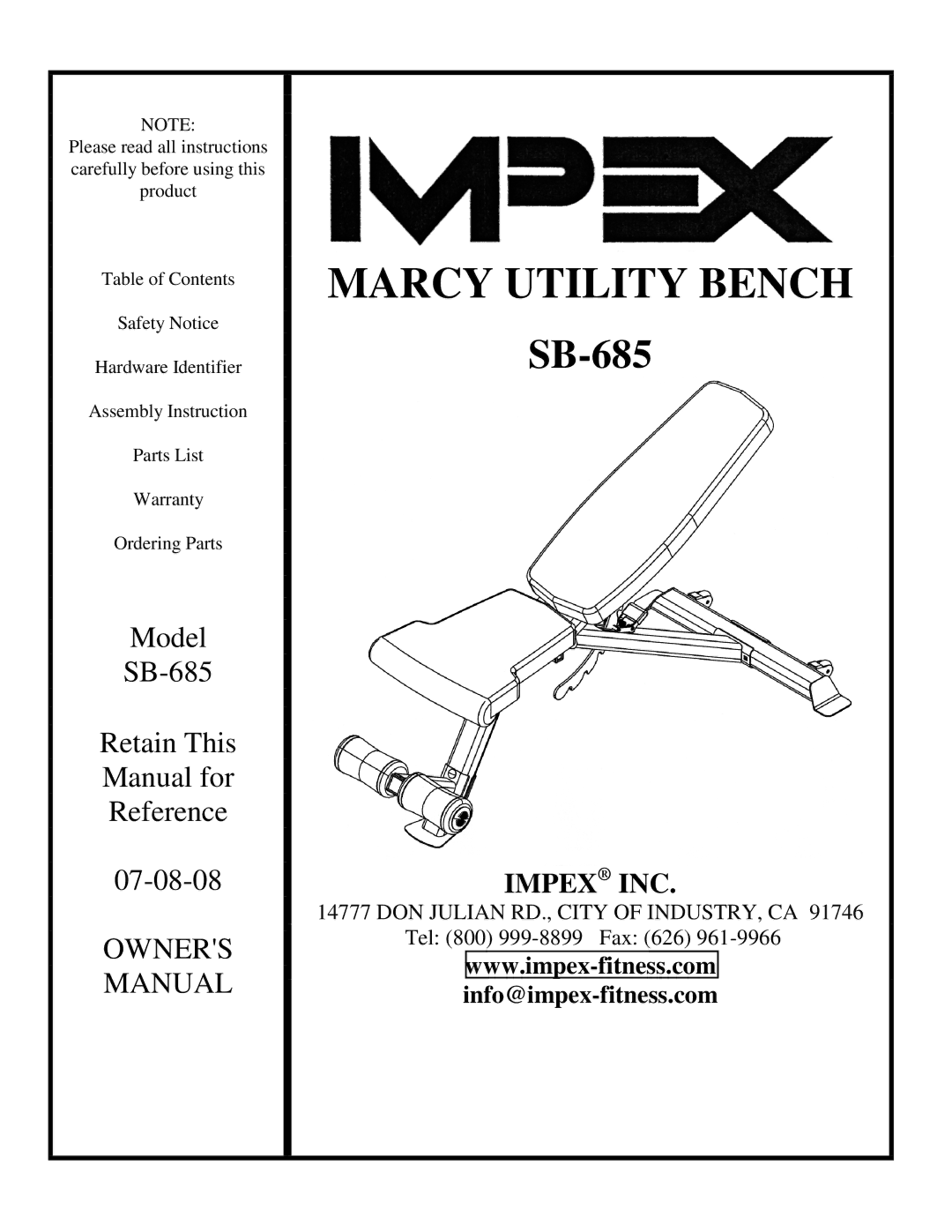 Impex SB-685 manual Marcy Utility Bench 