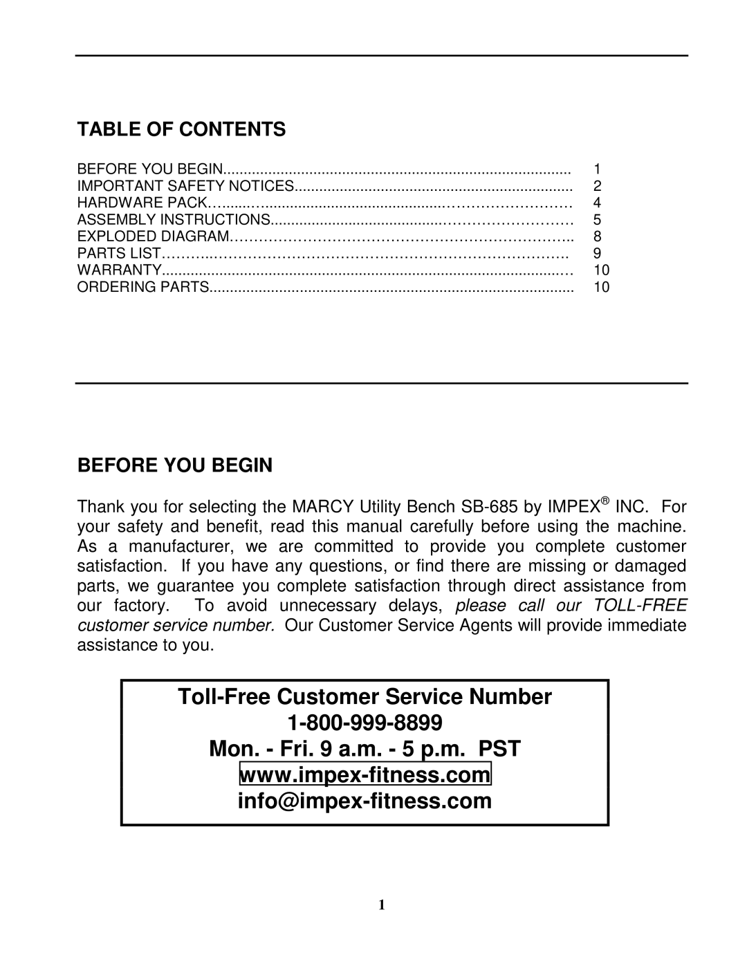 Impex SB-685 manual Table of Contents, Before YOU Begin 