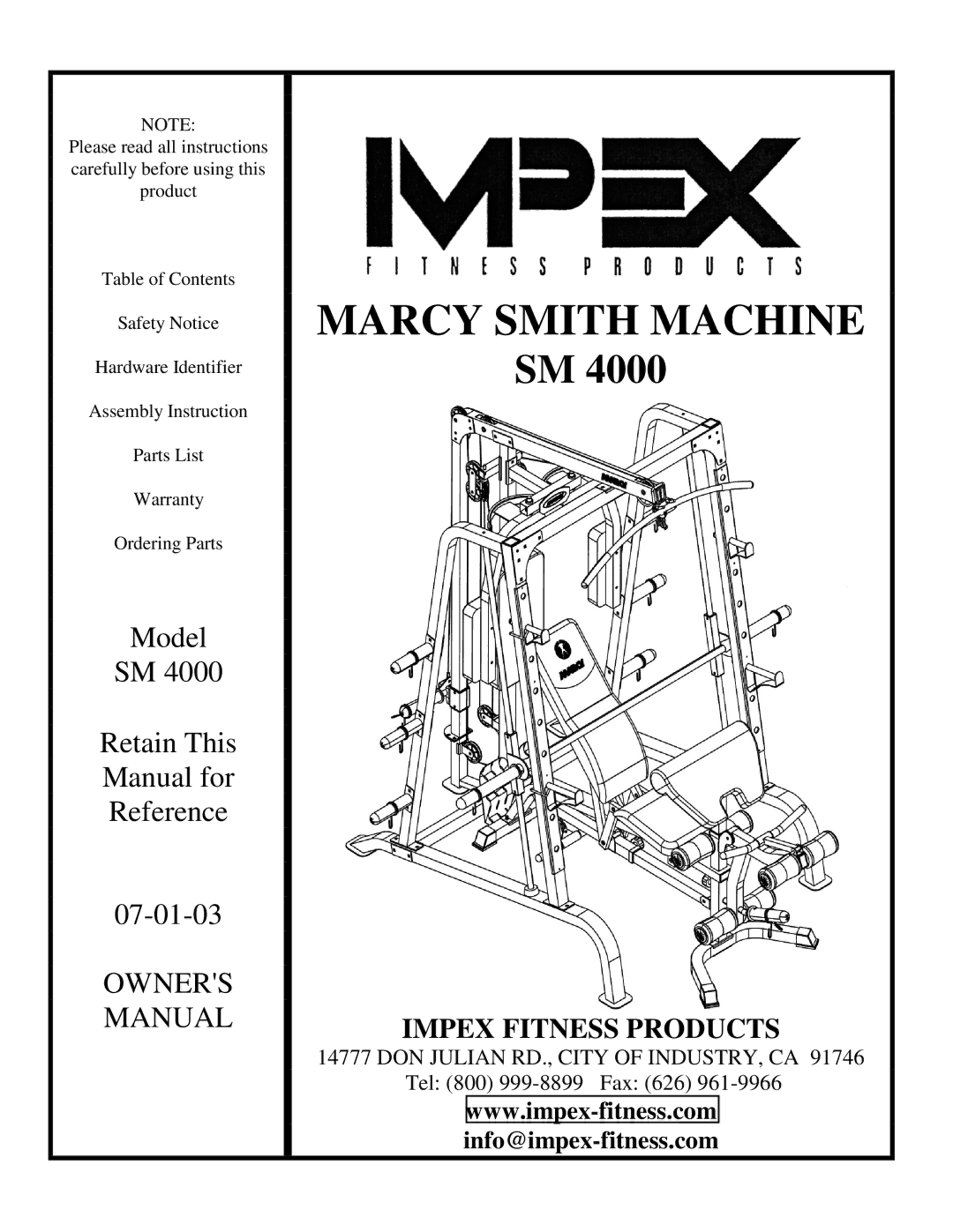 Impex SM 4000 manual Marcy Smith Machine 