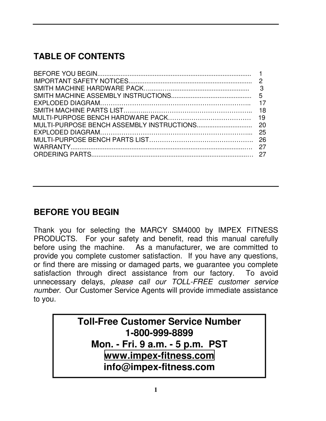 Impex SM 4000 manual Toll-Free Customer Service Number Mon. Fri a.m. 5 p.m. PST 