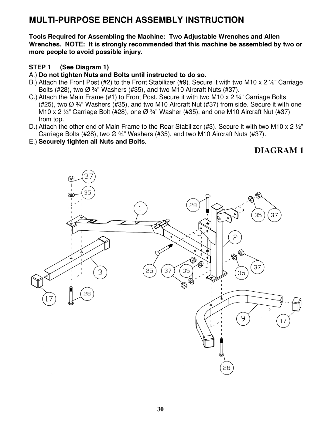 Impex SM-4008 manual MULTI-PURPOSE Bench Assembly Instruction, Securely tighten all Nuts and Bolts 