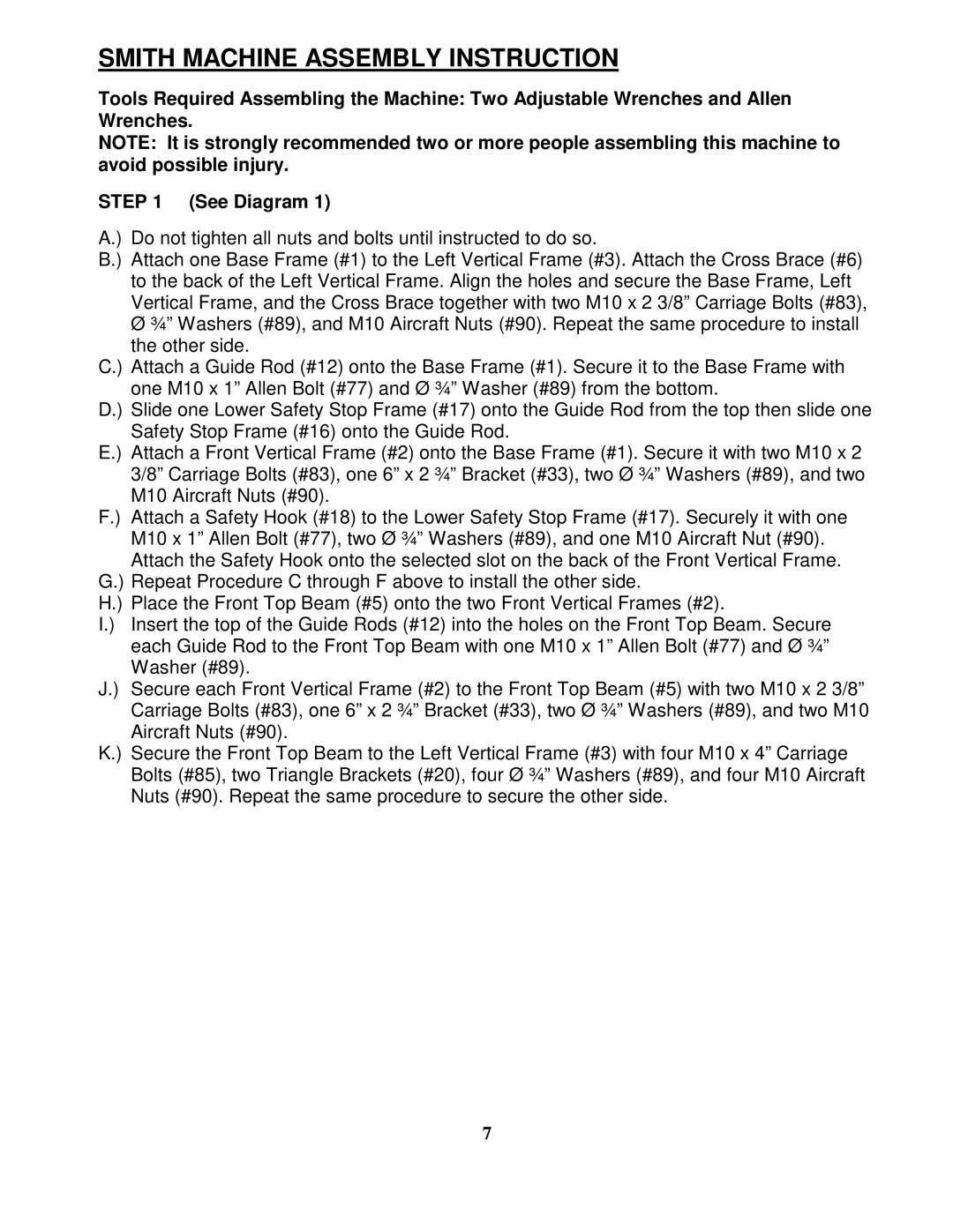 Impex SM-6001 manual Smith Machine Assembly Instruction 