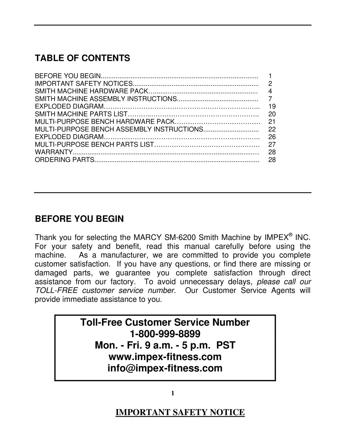 Impex SM-6200 manual Toll-Free Customer Service Number Mon. Fri a.m. 5 p.m. PST 