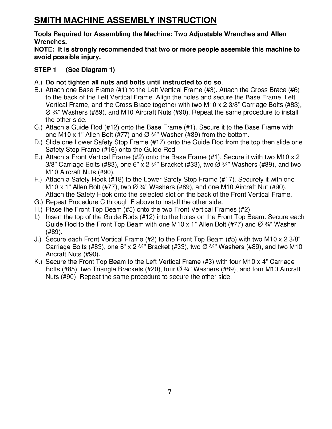 Impex SM-6200 manual Smith Machine Assembly Instruction 