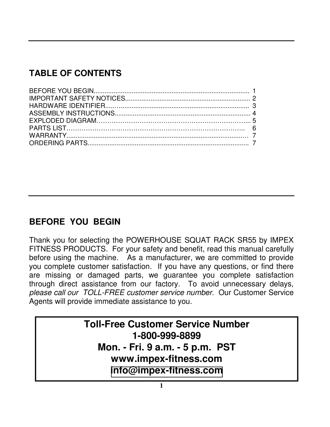 Impex SR55 manual Table of Contents, Before YOU Begin 