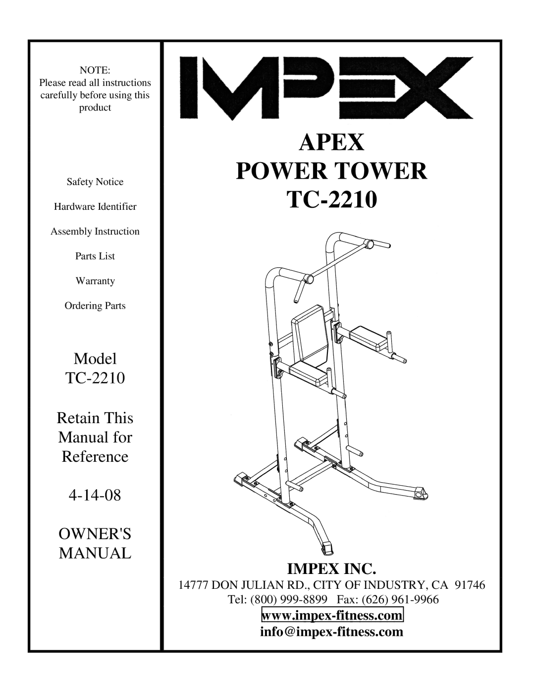 Impex TC-2210 manual Apex Power Tower 