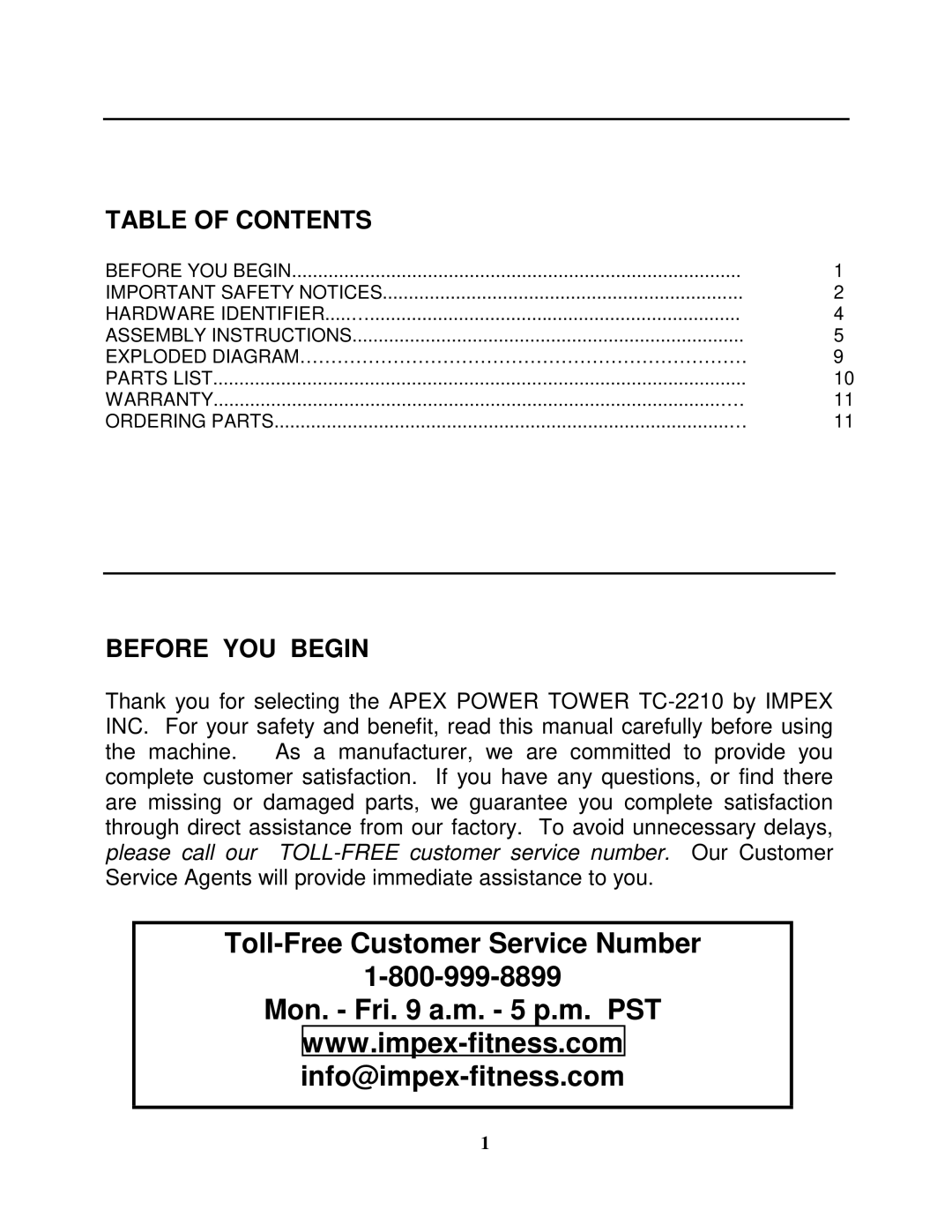 Impex TC-2210 manual Table of Contents, Before YOU Begin 