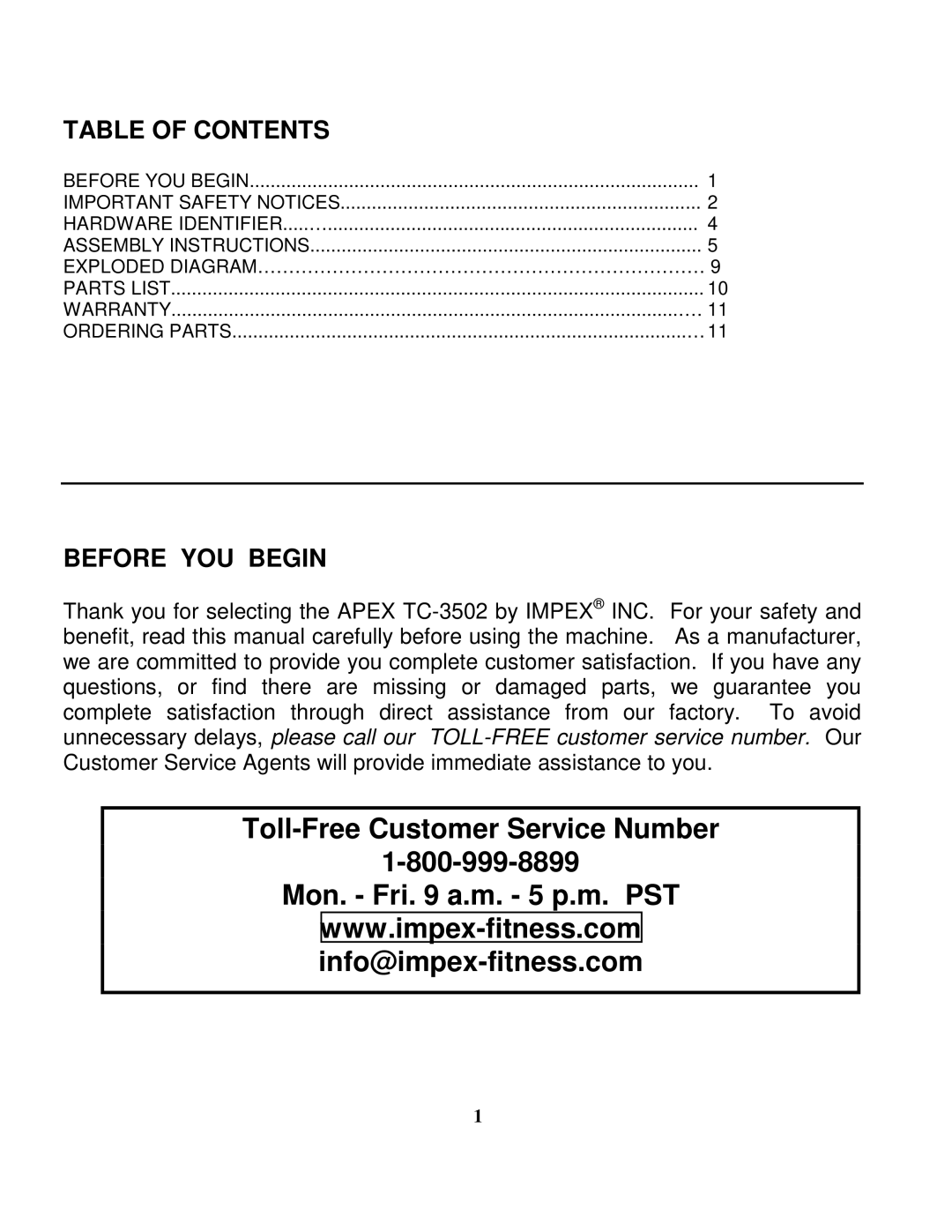 Impex TC-3502 manual Table of Contents, Before YOU Begin 