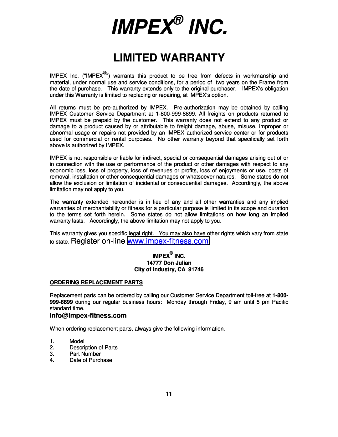 Impex TC-3502 Impex Inc, Limited Warranty, IMPEX INC 14777 Don Julian City of Industry, CA, Ordering Replacement Parts 