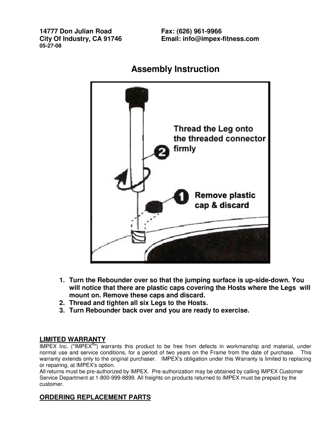 Impex TPL-40 manual Assembly Instruction, Limited Warranty, Ordering Replacement Parts 