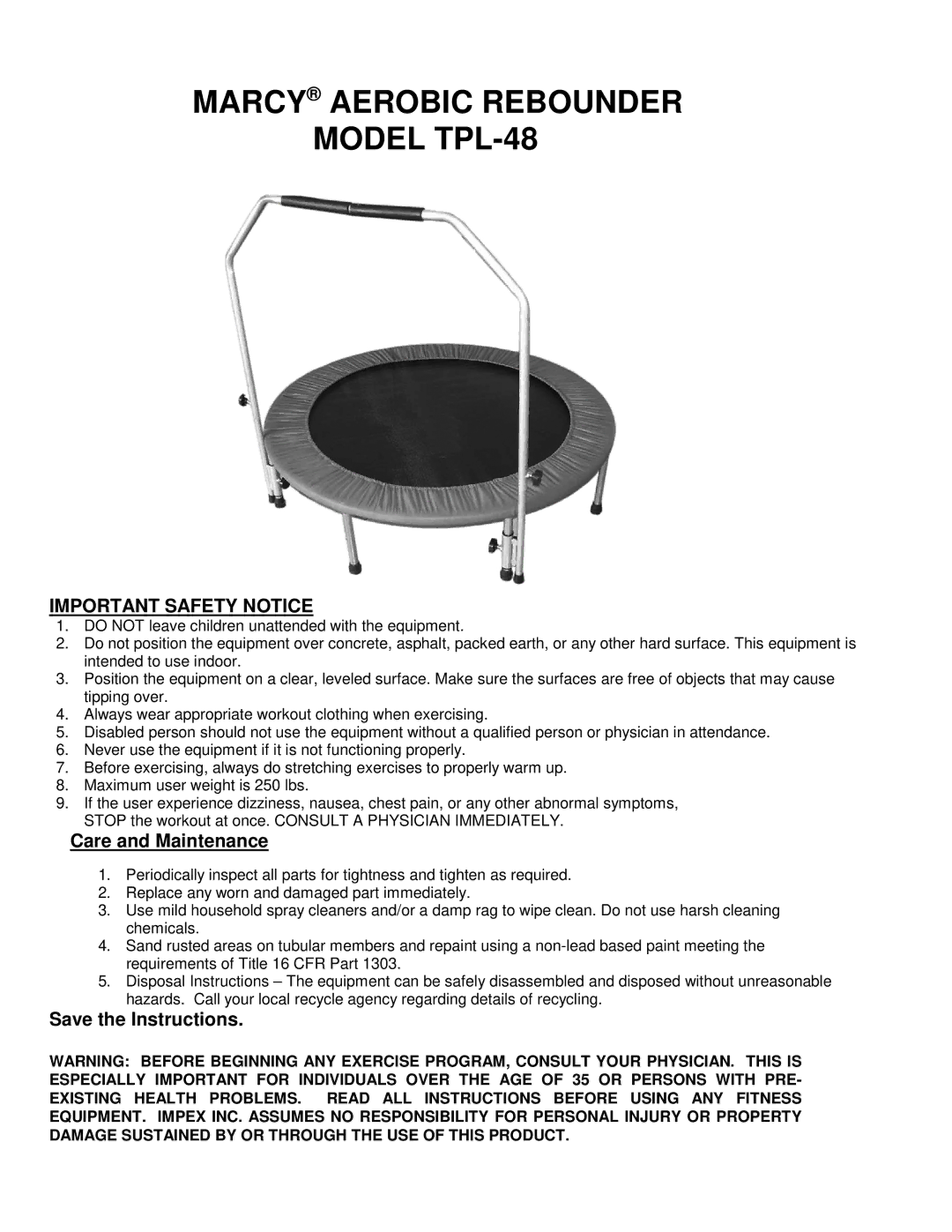 Impex manual Marcy Aerobic Rebounder Model TPL-48, Important Safety Notice 