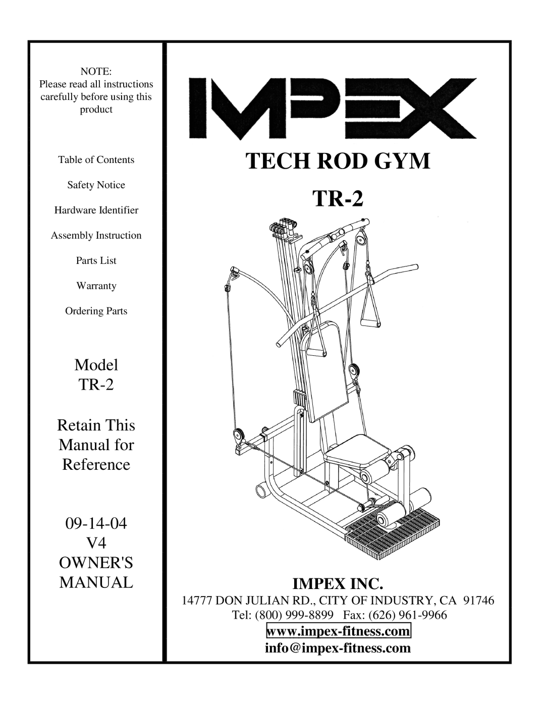 Impex TR-2 manual Tech ROD GYM 