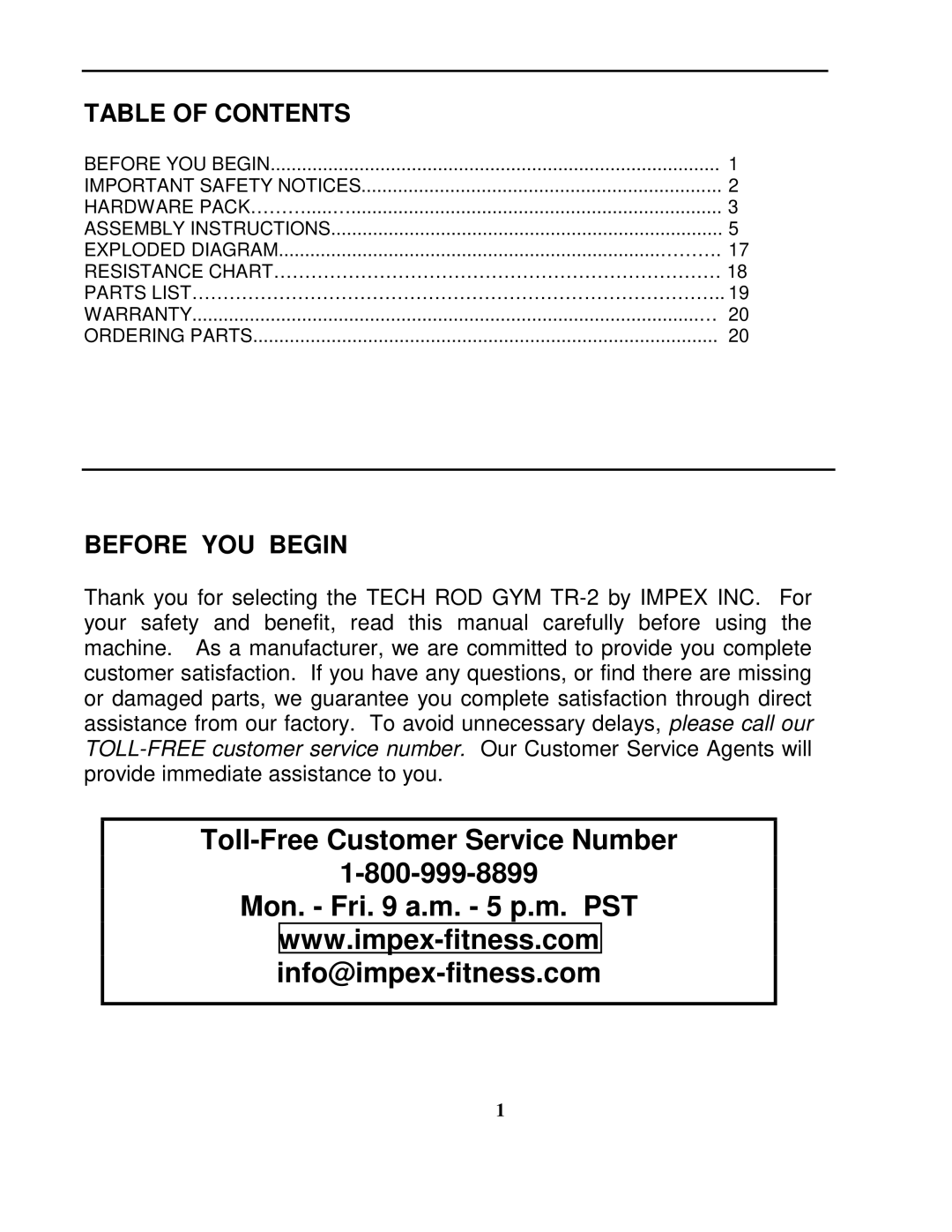 Impex TR-2 manual Table of Contents, Before YOU Begin 