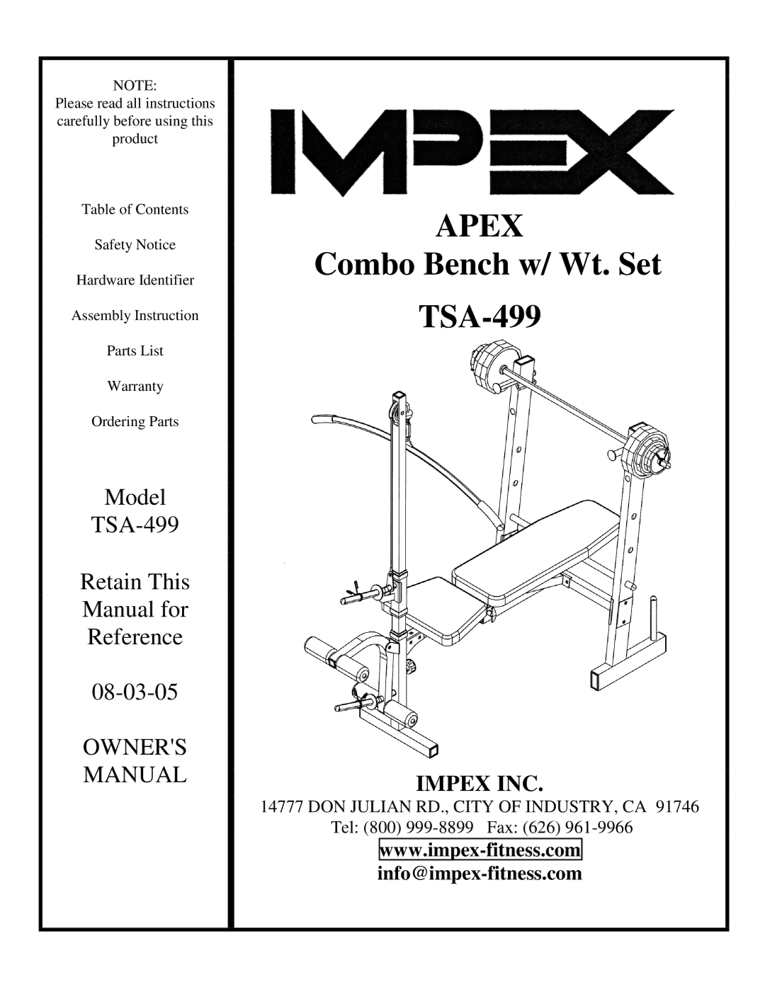 Impex TSA-499 manual Apex 