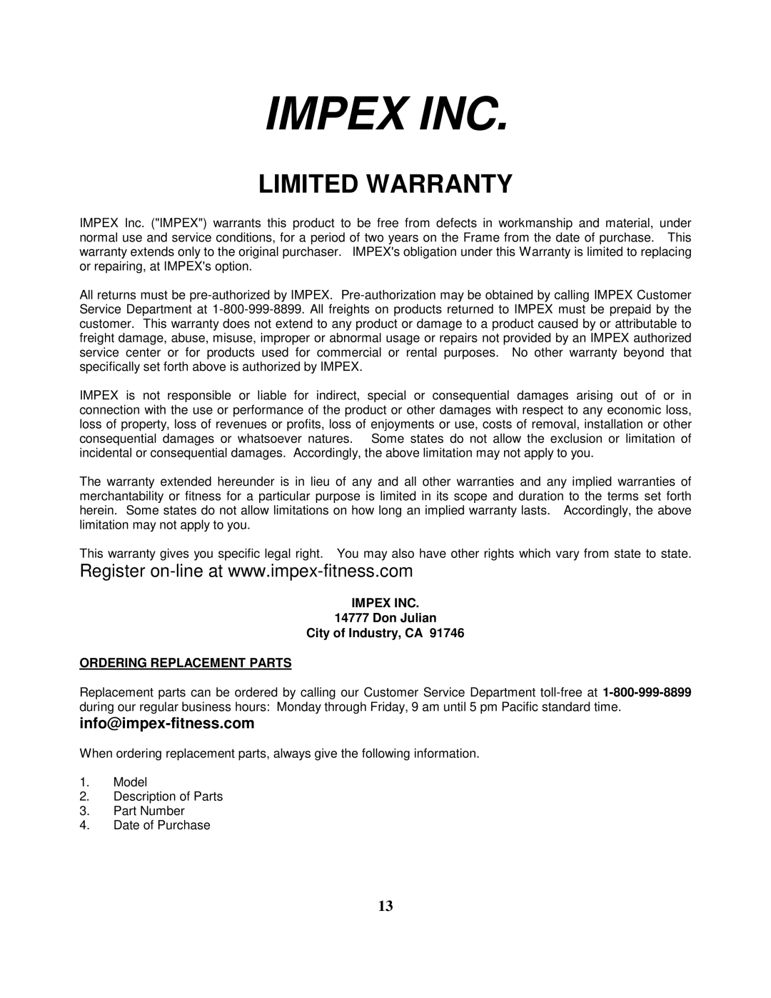 Impex TSA-499 manual Impex INC 