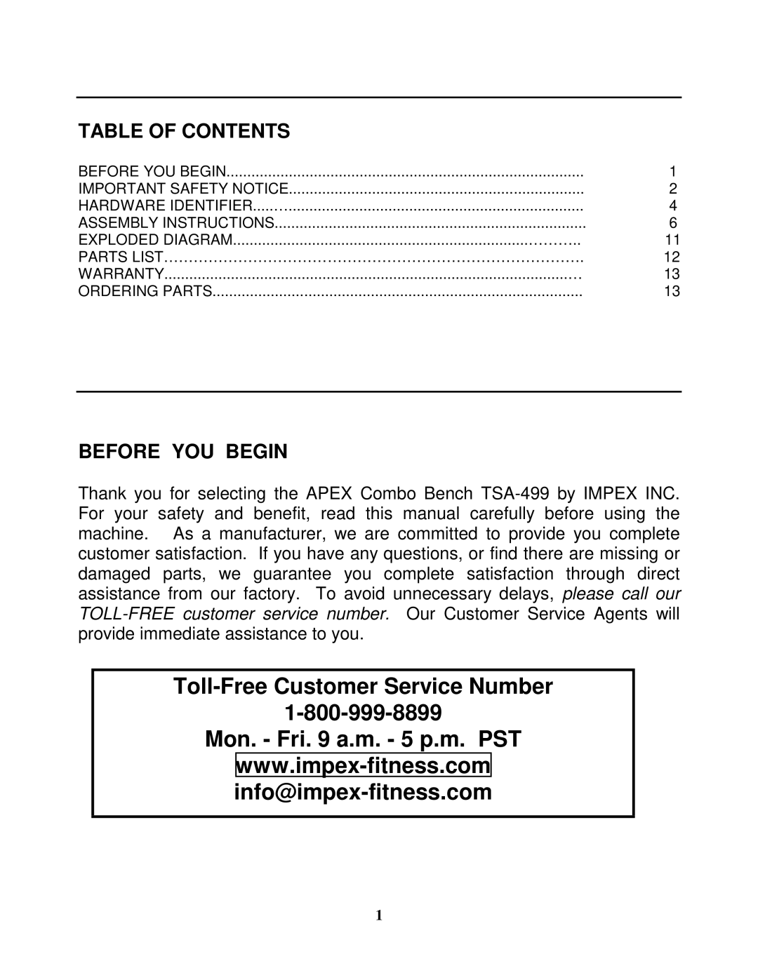 Impex TSA-499 manual Toll-Free Customer Service Number Mon. Fri a.m. 5 p.m. PST 