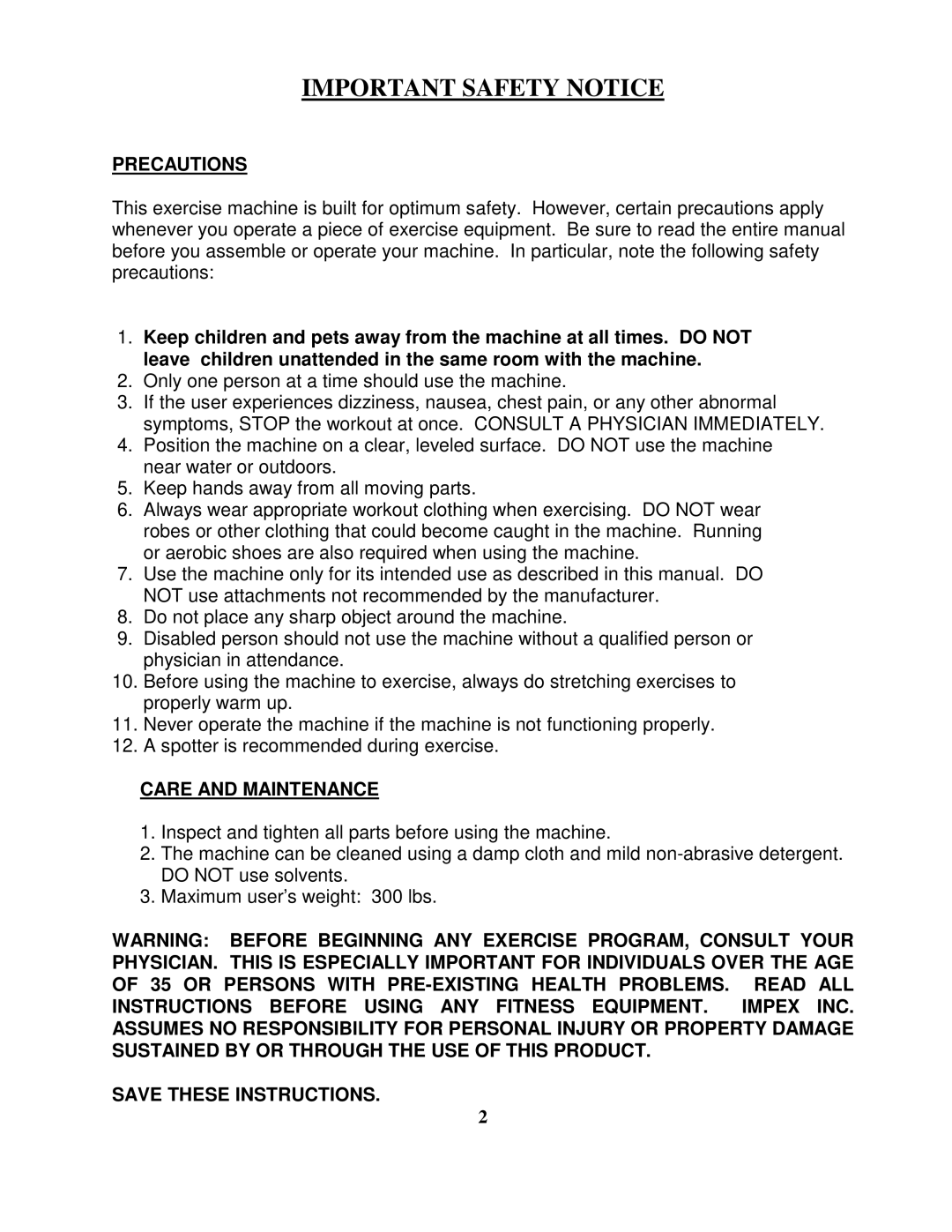 Impex TSA-499 manual Important Safety Notice 