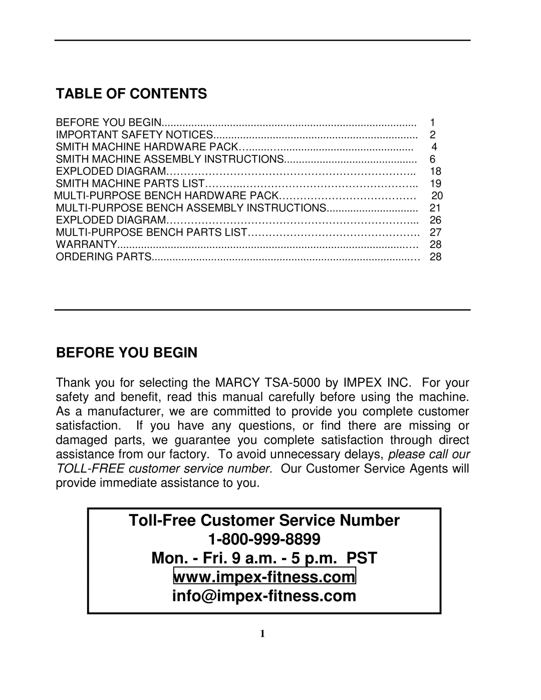 Impex TSA 5000 manual Toll-Free Customer Service Number Mon. Fri a.m. 5 p.m. PST 