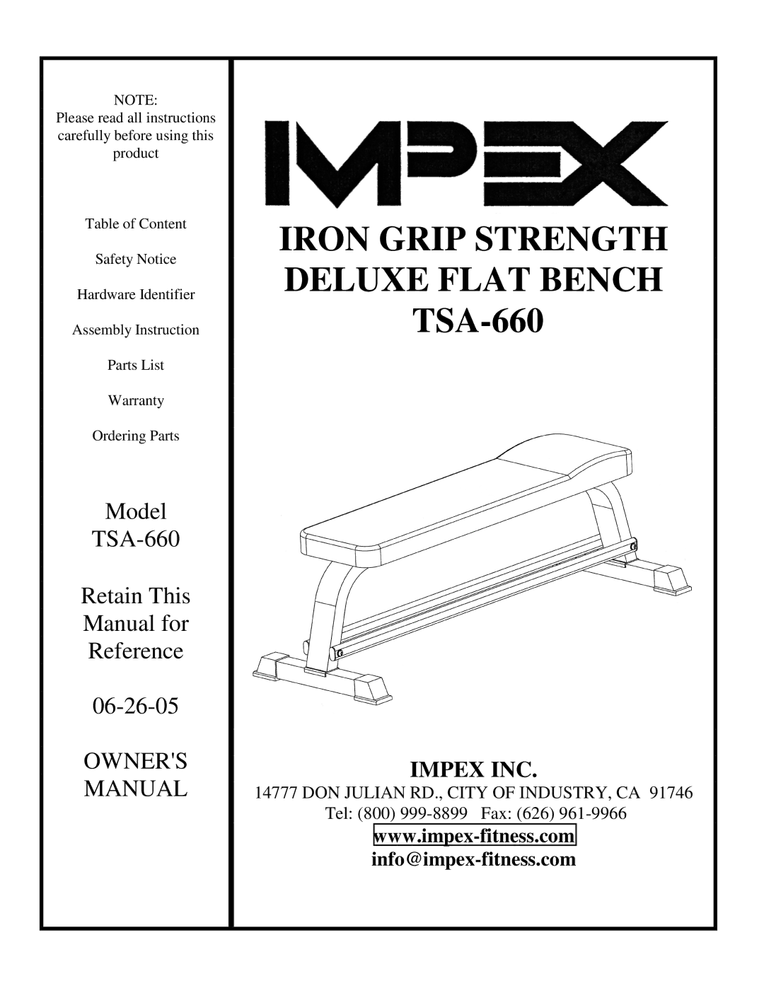 Impex manual Iron Grip Strength Deluxe Flat Bench TSA-660 