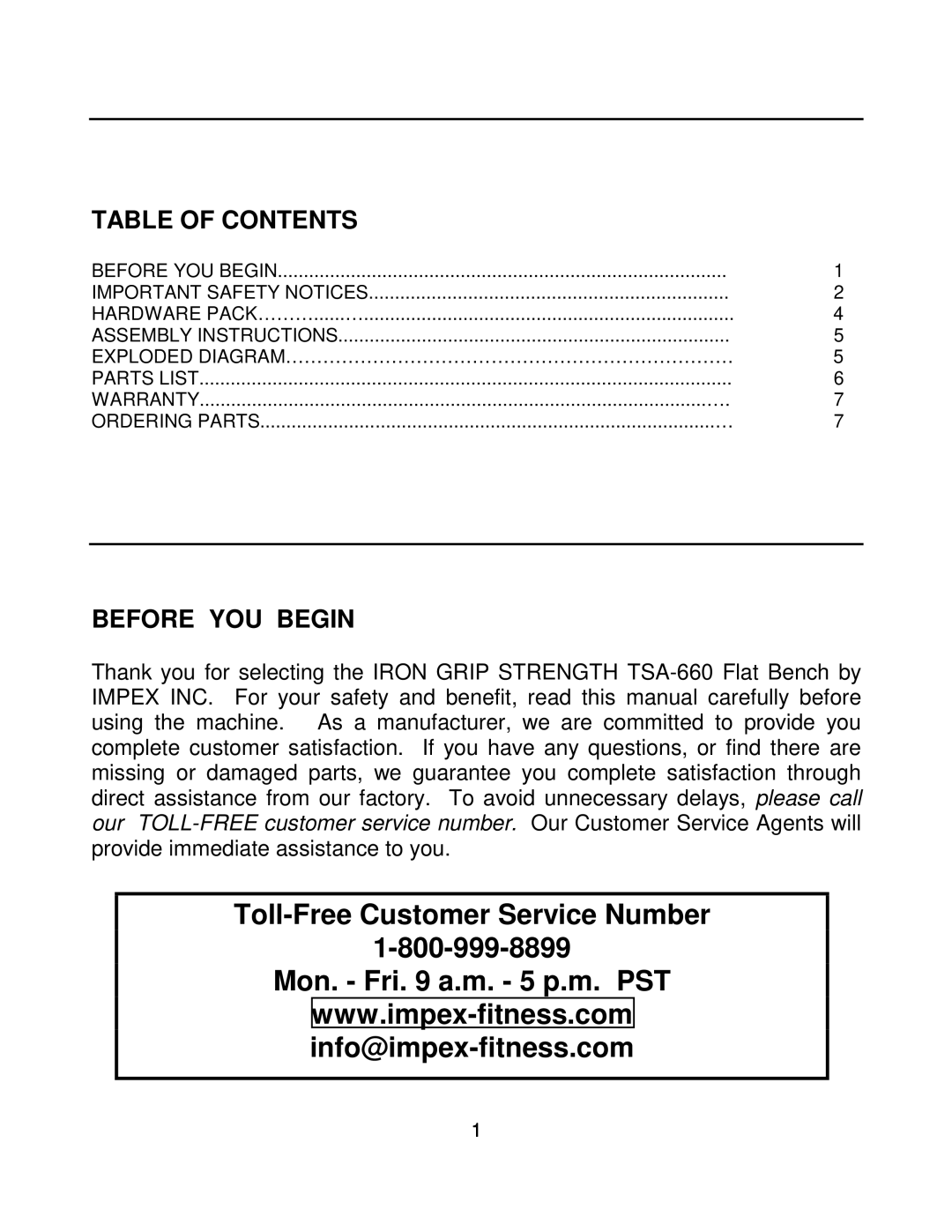 Impex TSA-660 manual Toll-Free Customer Service Number Mon. Fri a.m. 5 p.m. PST, Table of Contents, Before YOU Begin 