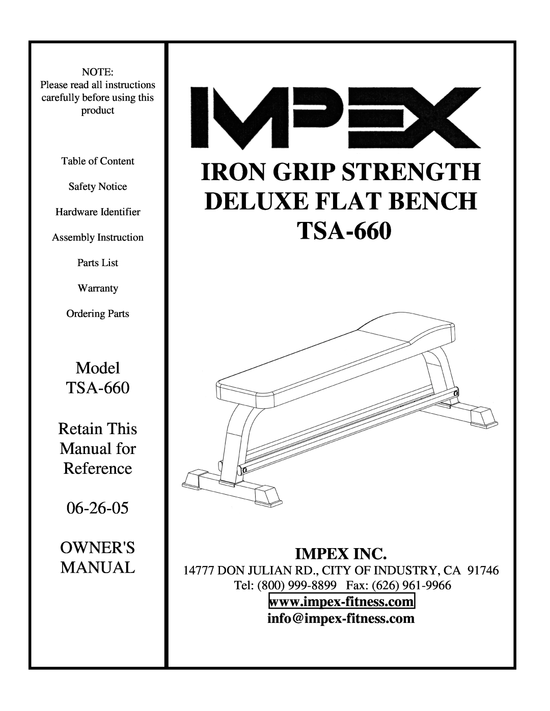 Impex manual Impex Inc, IRON GRIP STRENGTH DELUXE FLAT BENCH TSA-660 