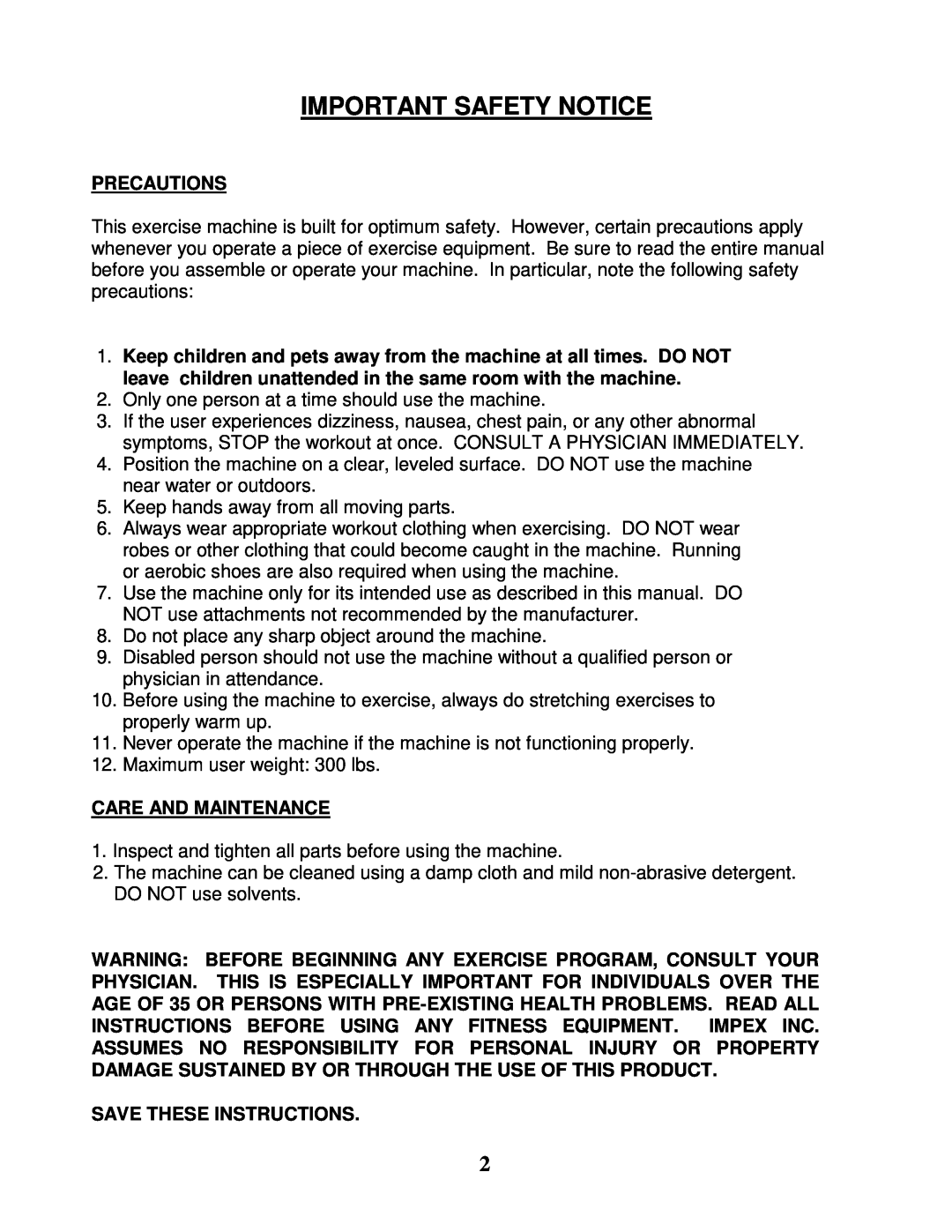 Impex TSA-660 manual Important Safety Notice, Precautions, Care And Maintenance, Save These Instructions 