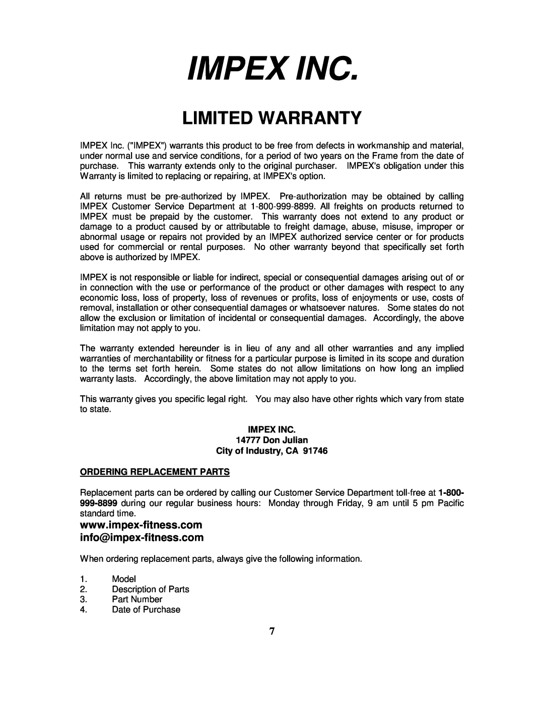 Impex TSA-660 Impex Inc, Limited Warranty, IMPEX INC 14777 Don Julian City of Industry, CA, Ordering Replacement Parts 