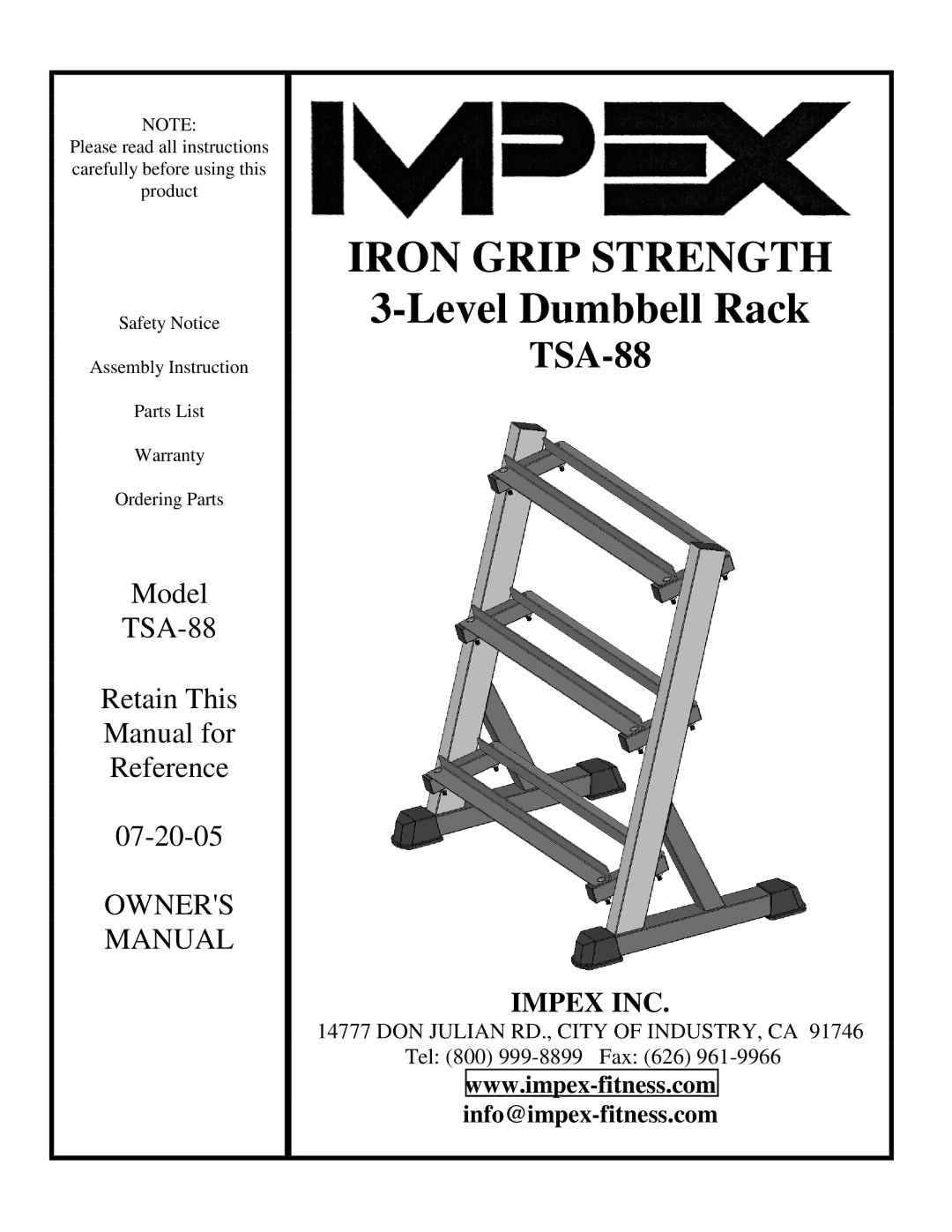 Impex TSA-88 manual Iron Grip Strength 3-Level Dumbbell Rack 