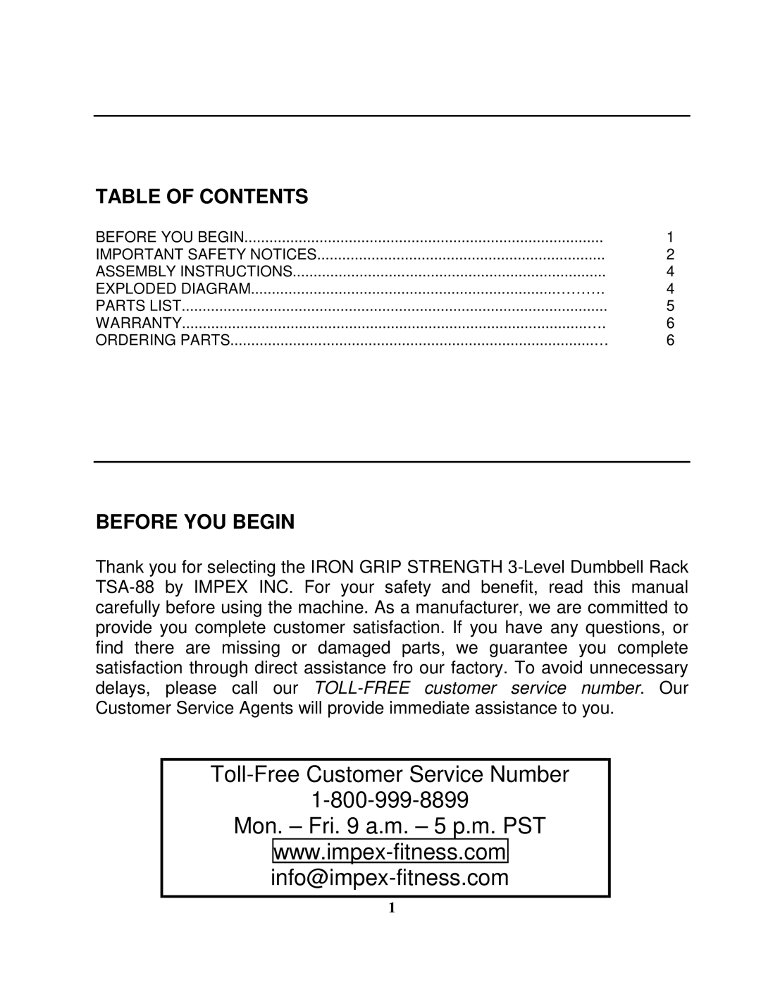 Impex TSA-88 manual Table of Contents, Before YOU Begin 