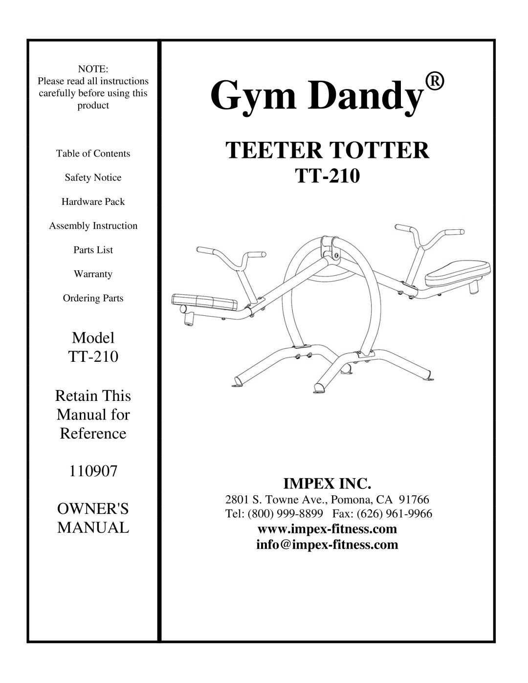 Impex TT-210 manual Gym Dandy 