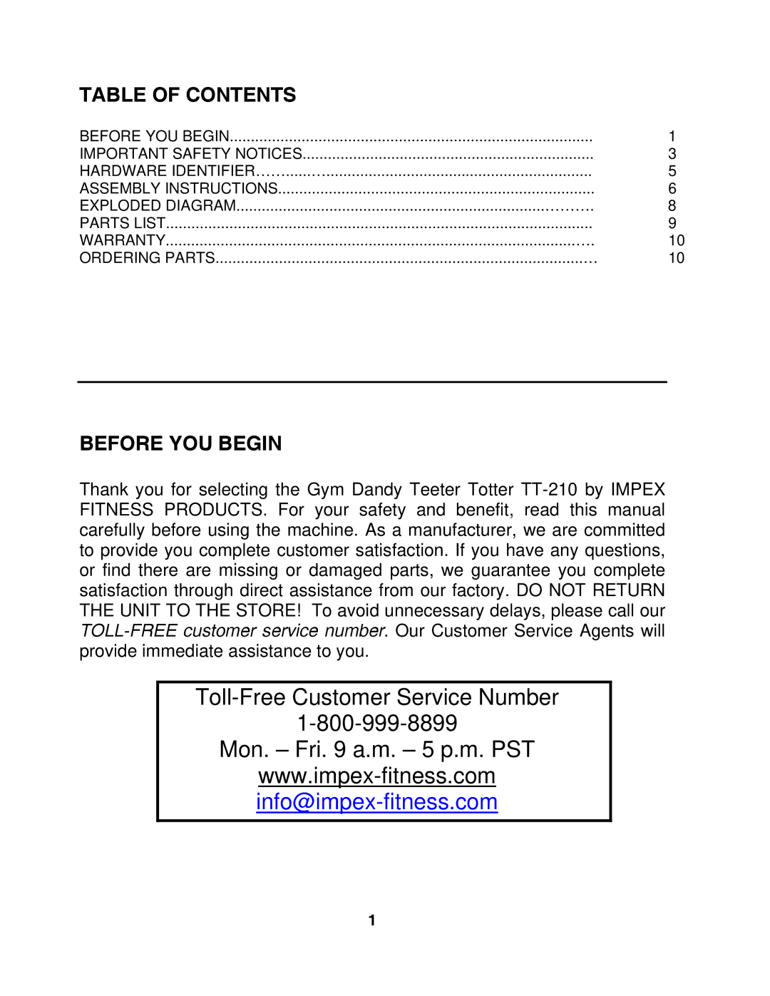 Impex TT-210 manual Table of Contents, Before YOU Begin 