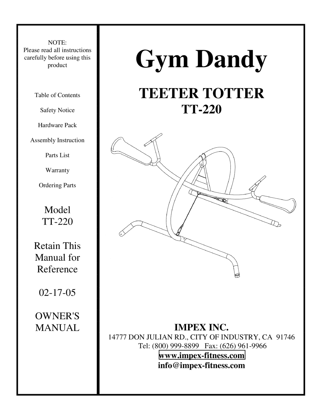 Impex TT-220 manual Gym Dandy 