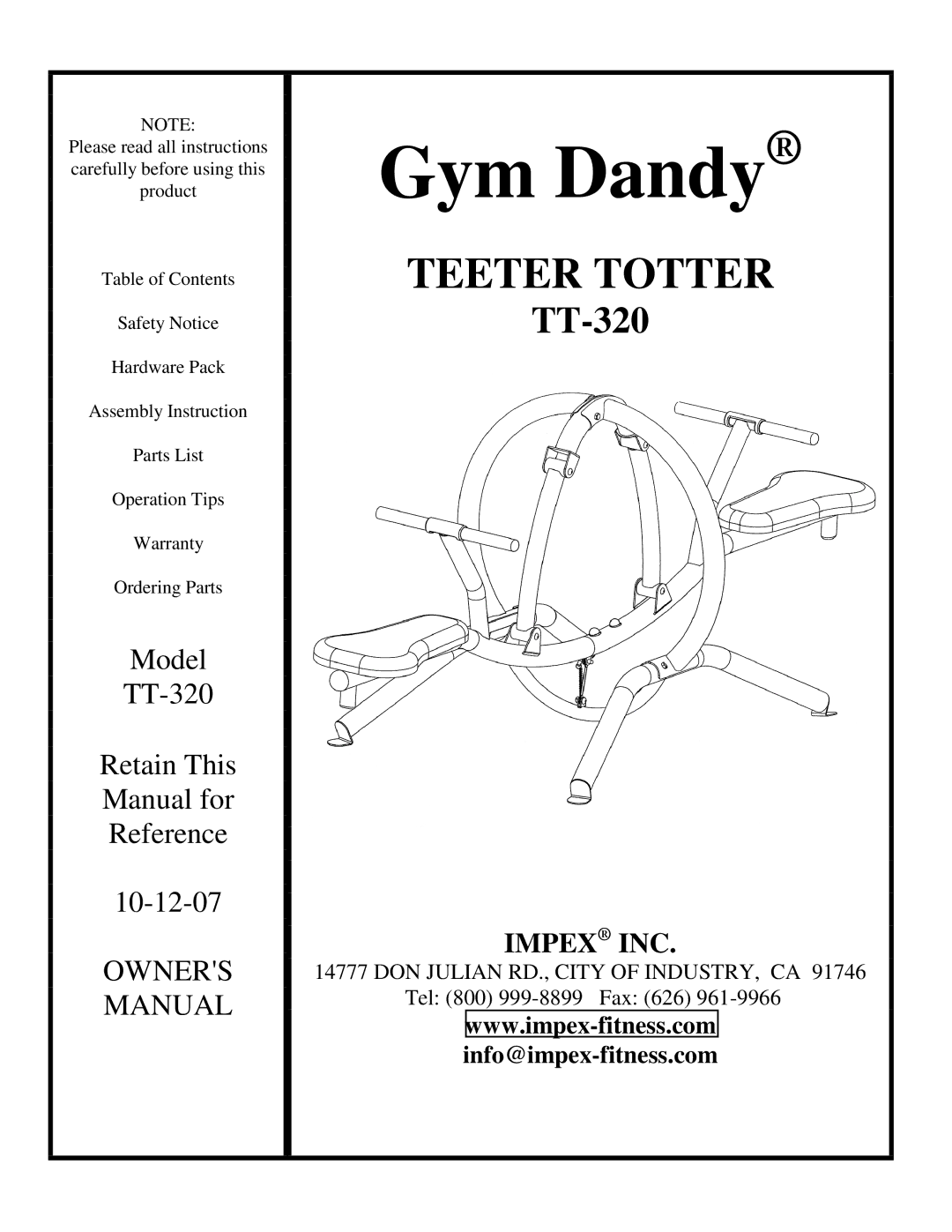 Impex TT-320 manual Gym Dandy 