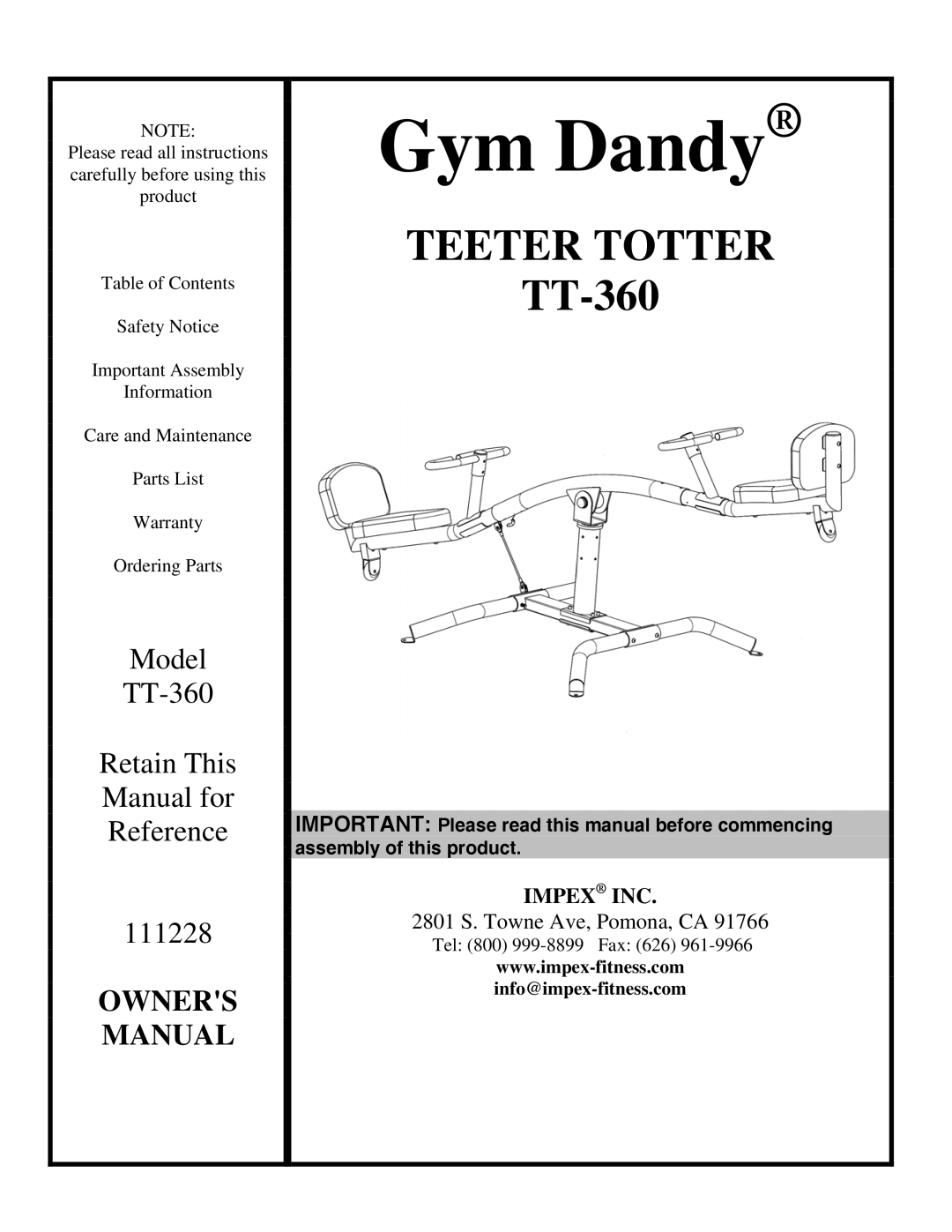 Impex TT-360 manual Gym Dandy 