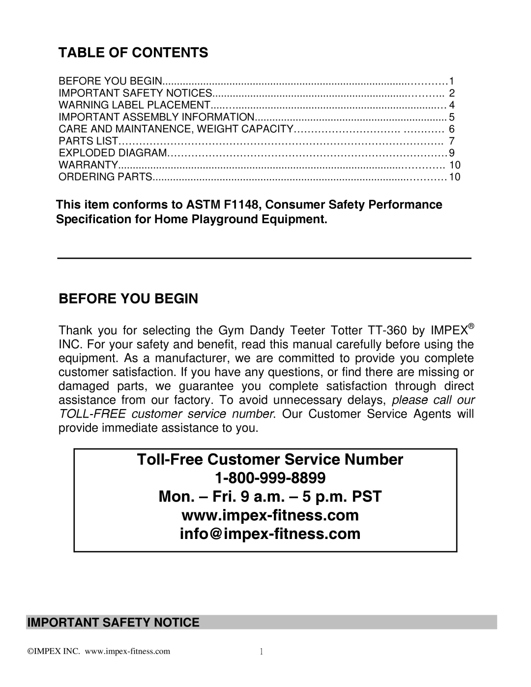 Impex TT-360 manual Toll-Free Customer Service Number Mon. Fri a.m. 5 p.m. PST 