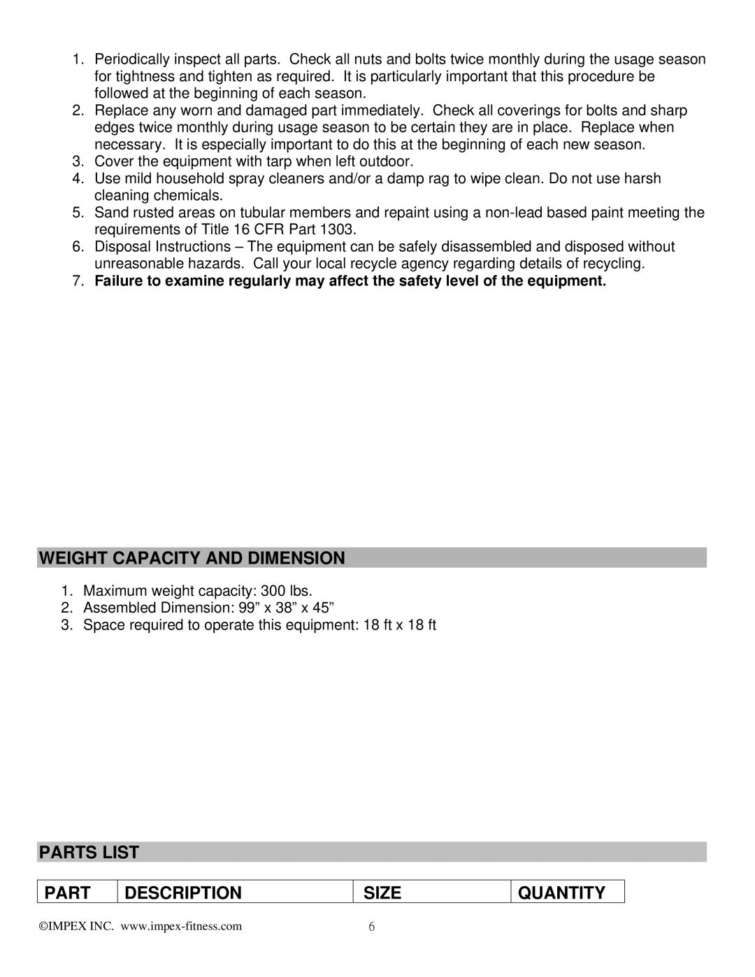 Impex TT-360 manual Weight Capacity and Dimension, Parts List Description Size Quantity 