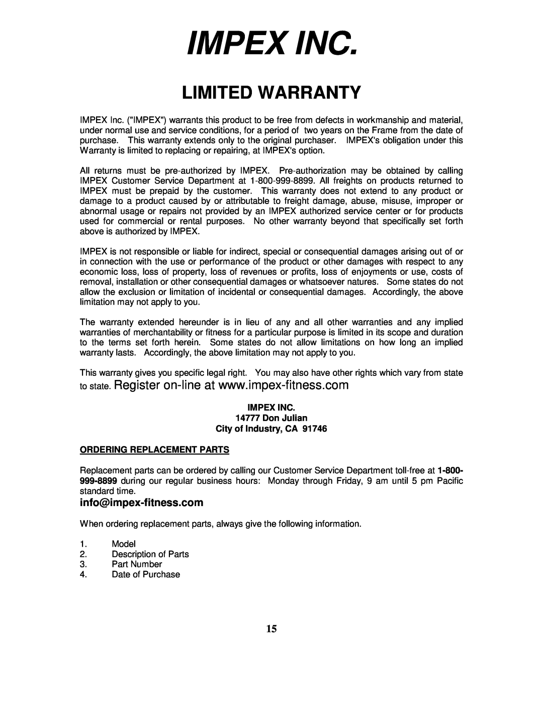 Impex WM 1407 Impex Inc, Limited Warranty, IMPEX INC 14777 Don Julian City of Industry, CA, Ordering Replacement Parts 