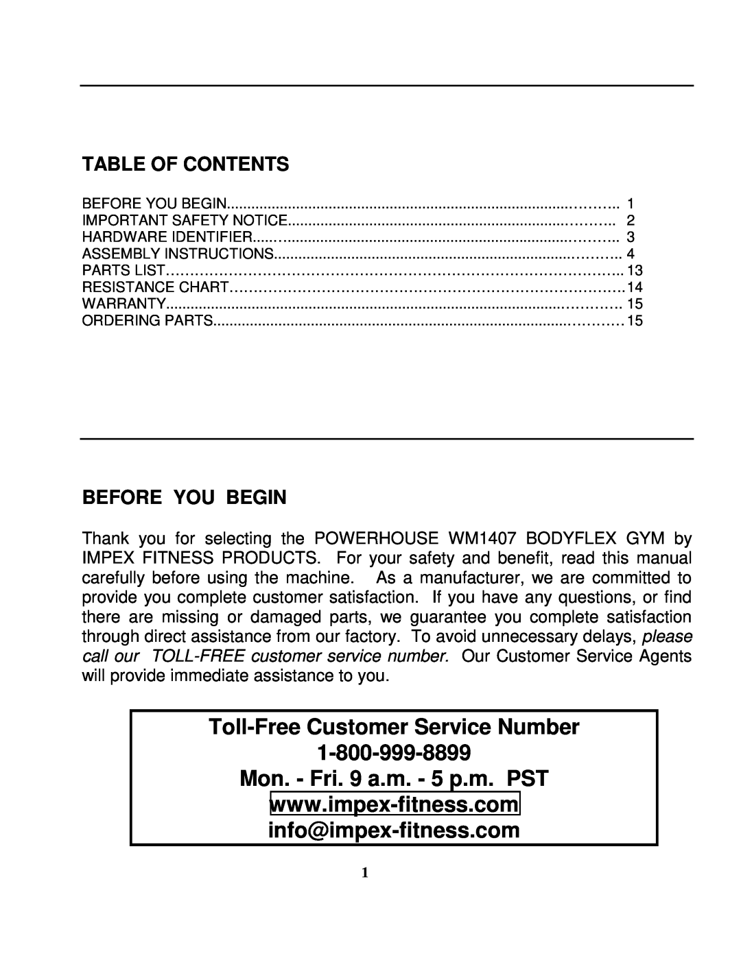 Impex WM 1407 Table Of Contents, Before You Begin, Toll-Free Customer Service Number, Mon. - Fri. 9 a.m. - 5 p.m. PST 