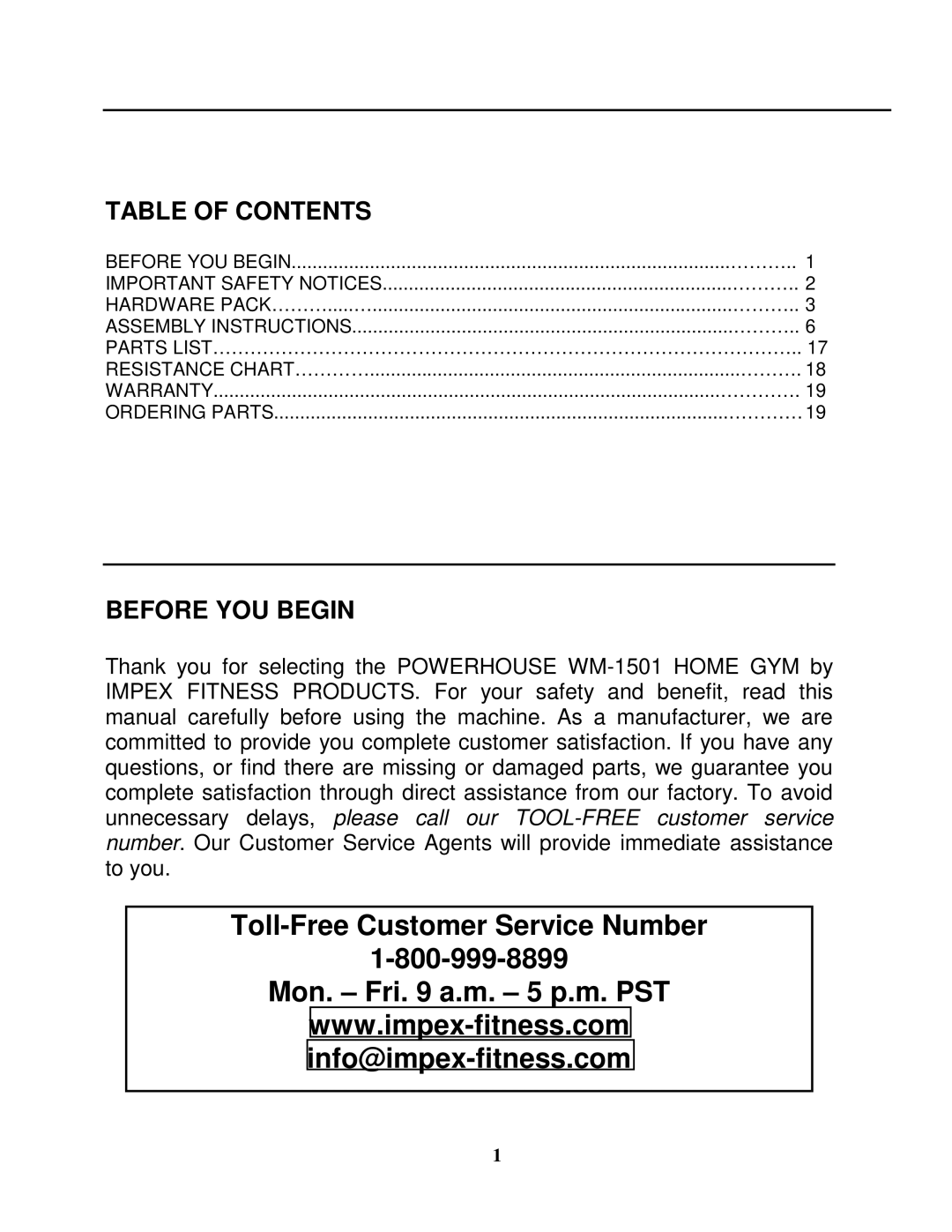 Impex WM-1501 manual Toll-Free Customer Service Number Mon. Fri a.m. 5 p.m. PST 